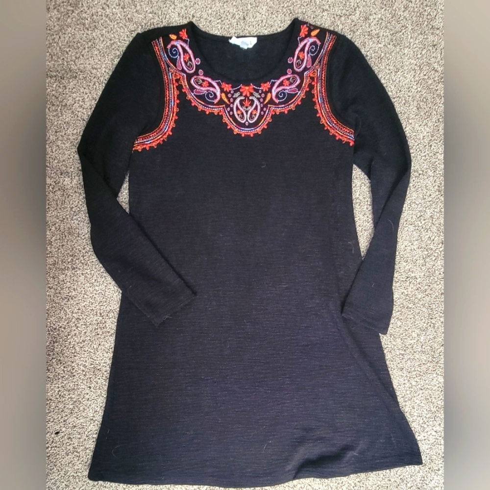 THML Embroidered Dress Sz S Black Long Sleeve Paisley Design Multicolor